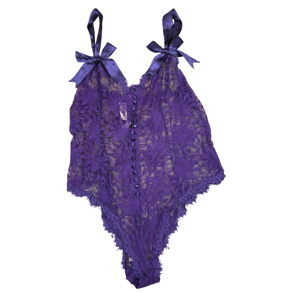 Vintage Victorias Secret Gold Label‎ Purple Floral Lace Bodysuit Bows Size Large